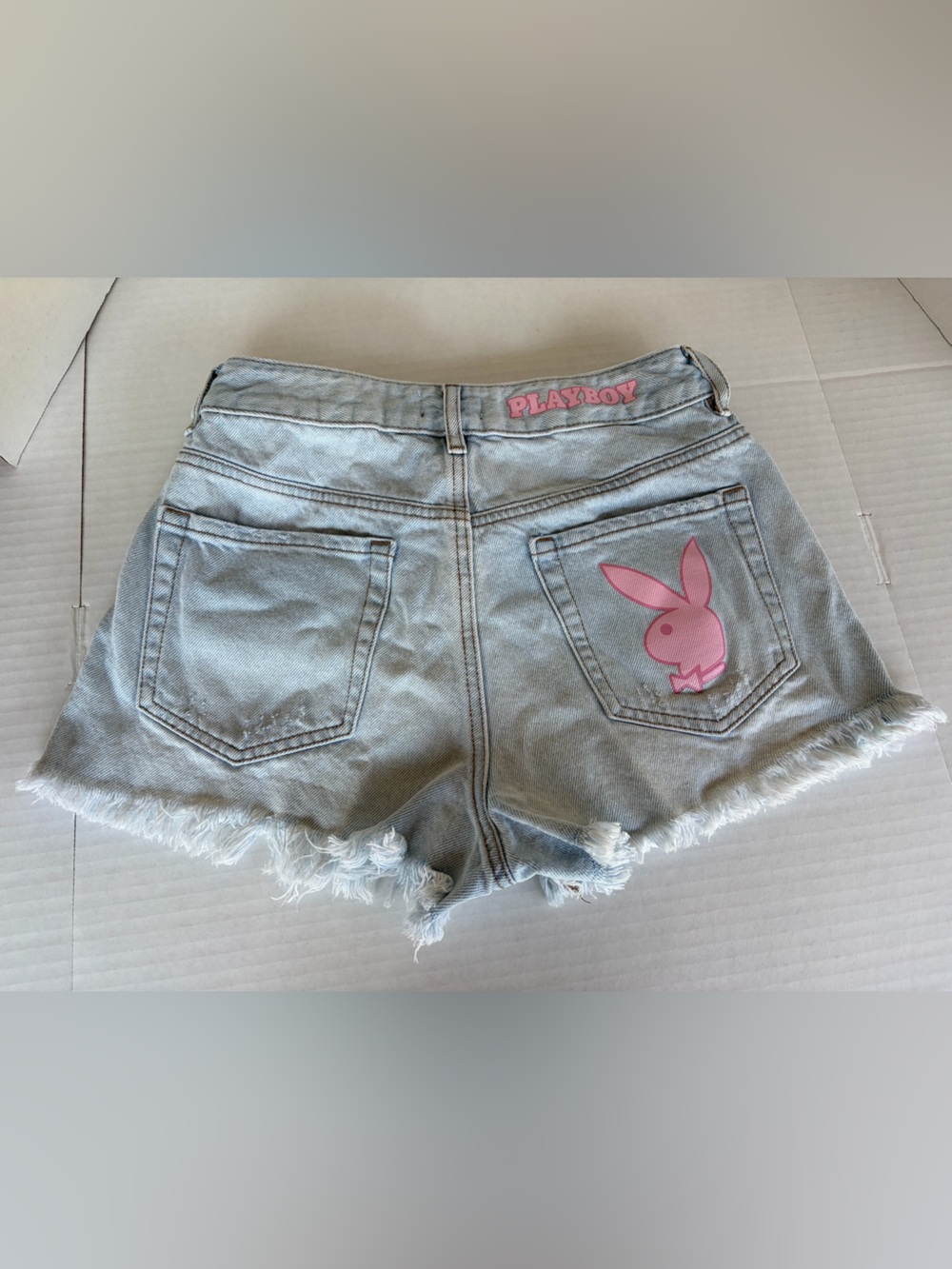 PLAYBOY Light Blue Denim Cutoff Shorts with Pink Bunny Patch